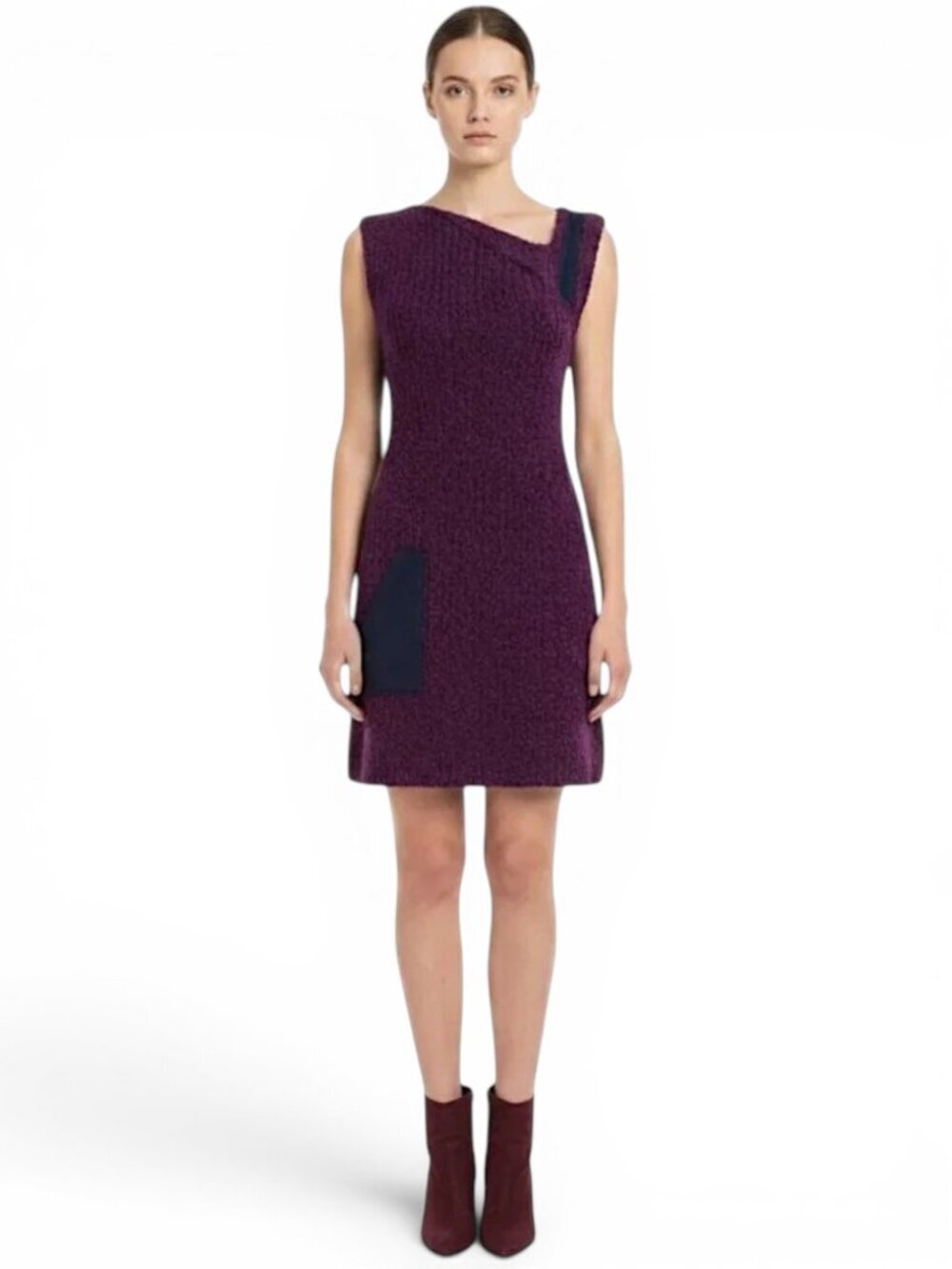 Santiago Knits Los Angeles Hand Loomed Boucle Knit Suede Leather Trim Dress S